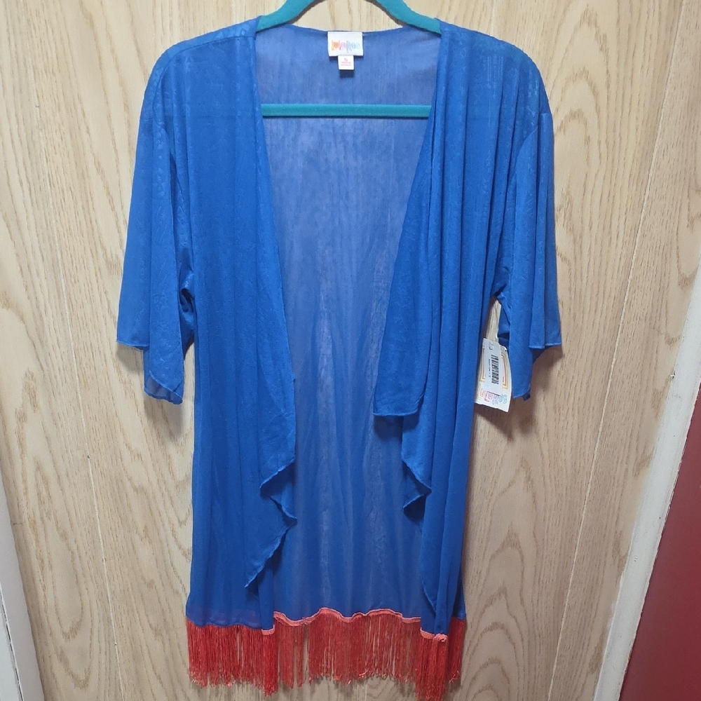 LuLaRoe MONROE- Vibrant Blue Kimono With Red Fringe